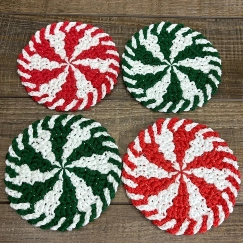 Handcrafted Crochet Peppermint Coasters Christmas‎ Holiday Set of 4 Cotton